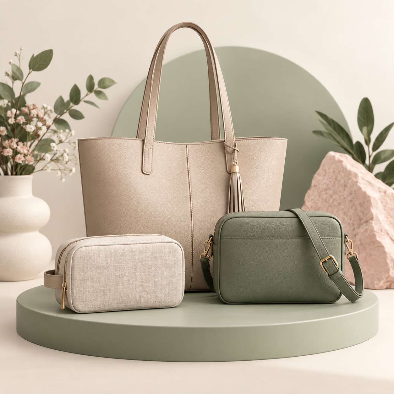 An ivory tote, sage green handbag and everyday travel pouches